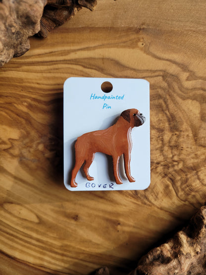 Hand-painted Wooden Boxer Dog Breed Pin Badge solid red & black mask colour
