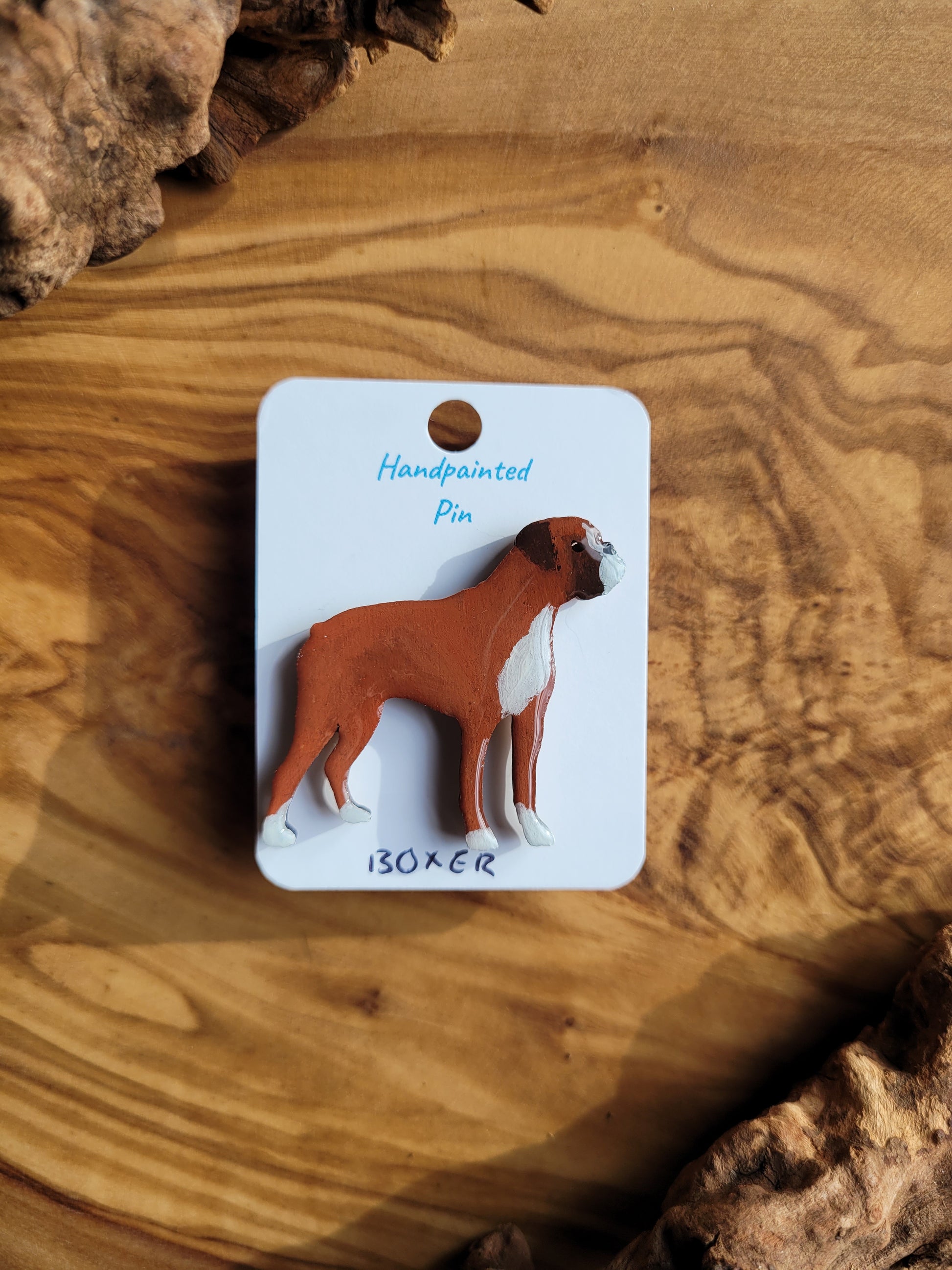 Hand-painted Wooden Boxer Dog Breed Pin Badge red & White coloured
