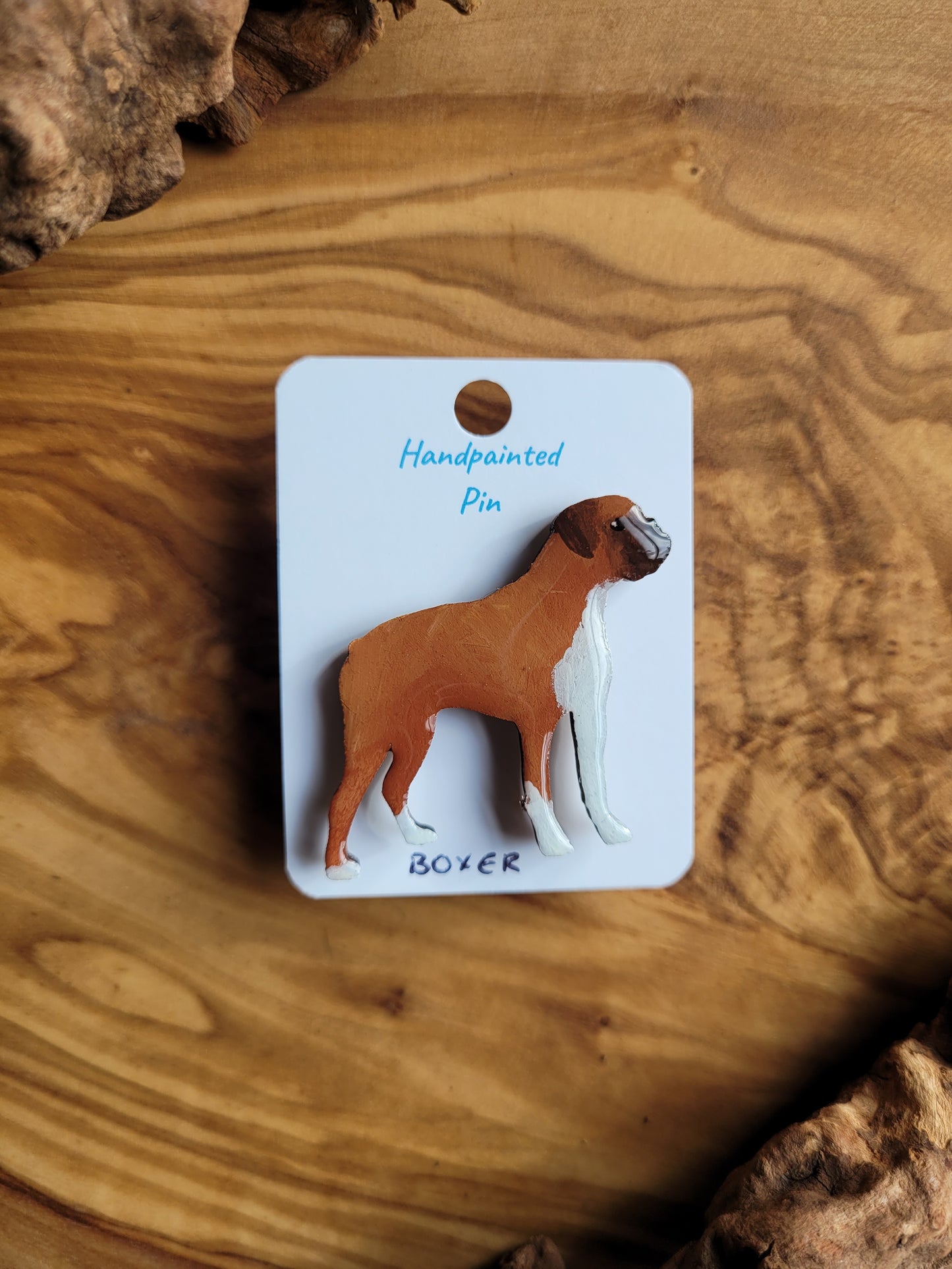 Hand-painted Wooden Boxer Dog Breed Pin Badge red & White coloured