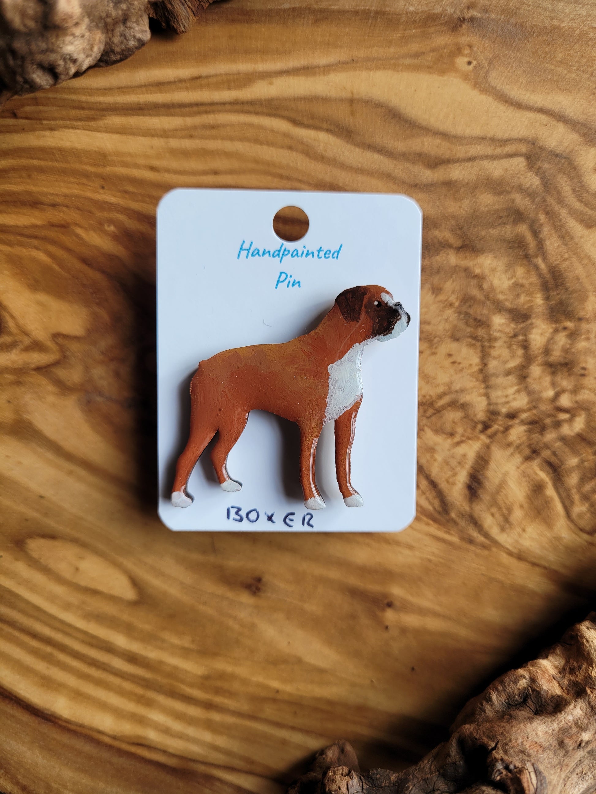 Hand-painted Wooden Boxer Dog Breed Pin Badge red & White coloured