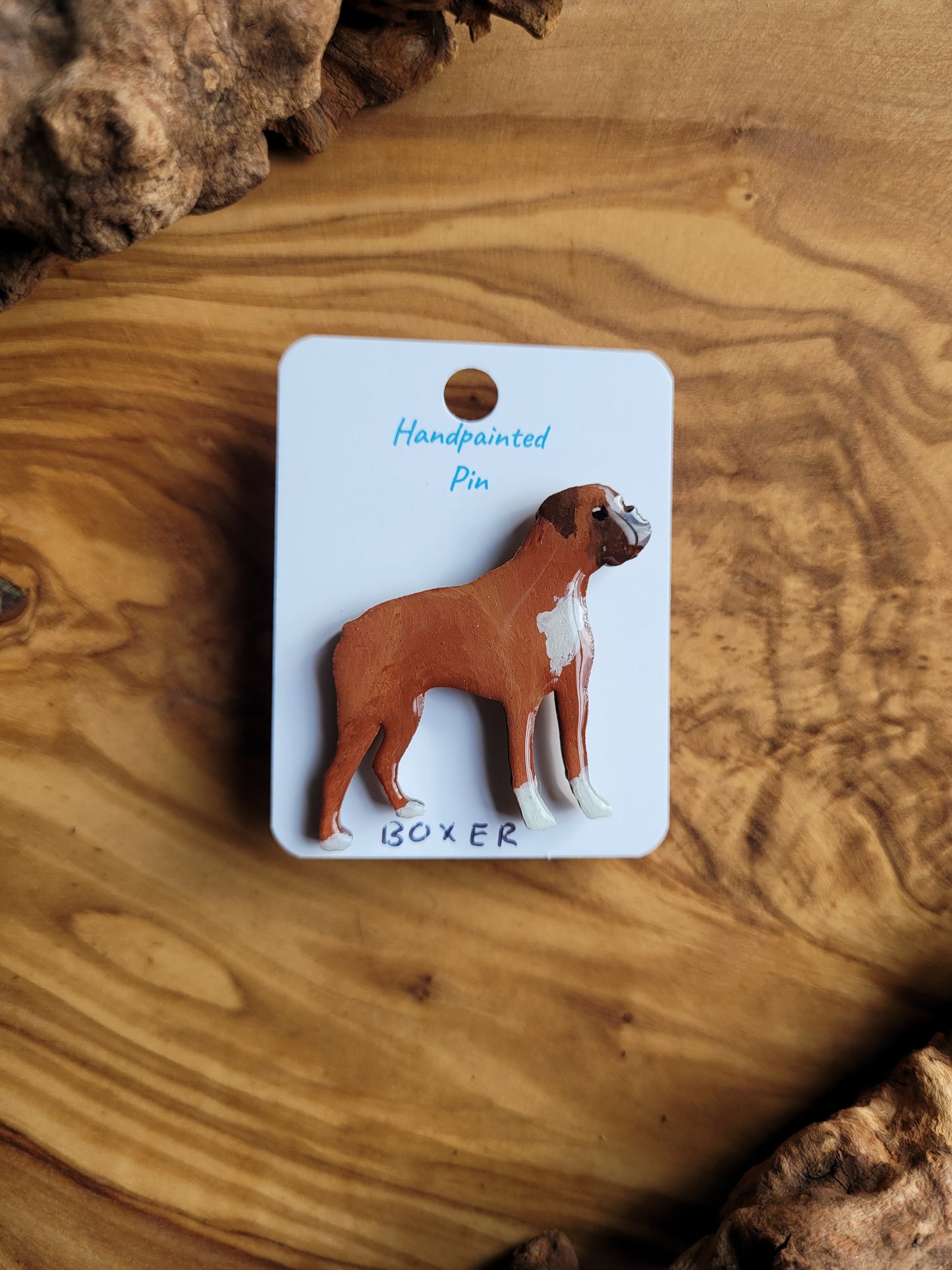 Hand-painted Wooden Boxer Dog Breed Pin Badge red & White coloured