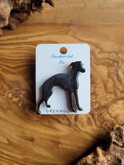 Hand-painted Greyhound pin badge, painted onto wood. Solid Black Colour
