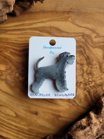 Hand-painted salt and pepper coloured Miniature Schnauzer wooden dog pin badge