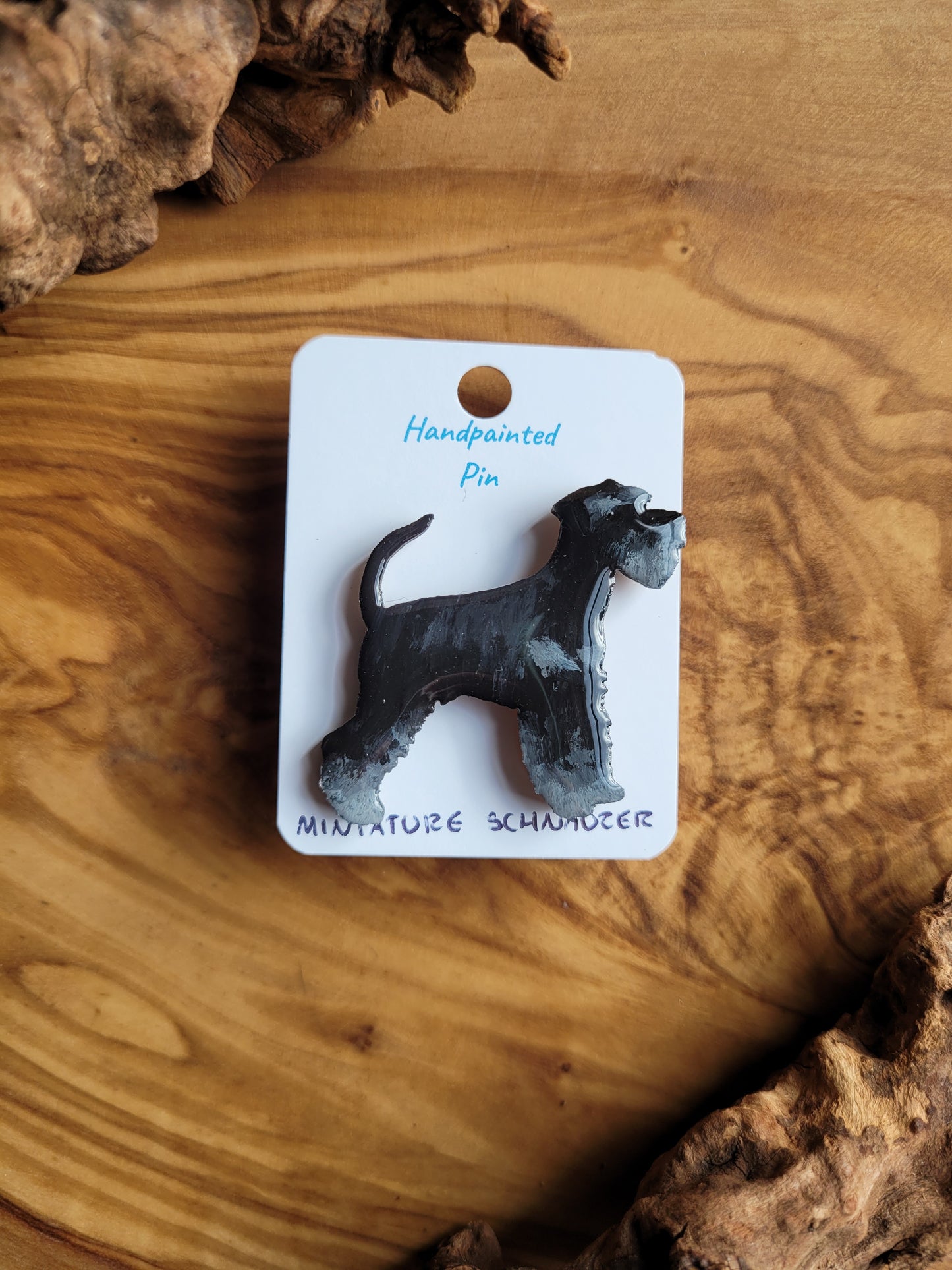 Hand-painted Black and silver coloured Miniature Schnauzer wooden dog pin badge