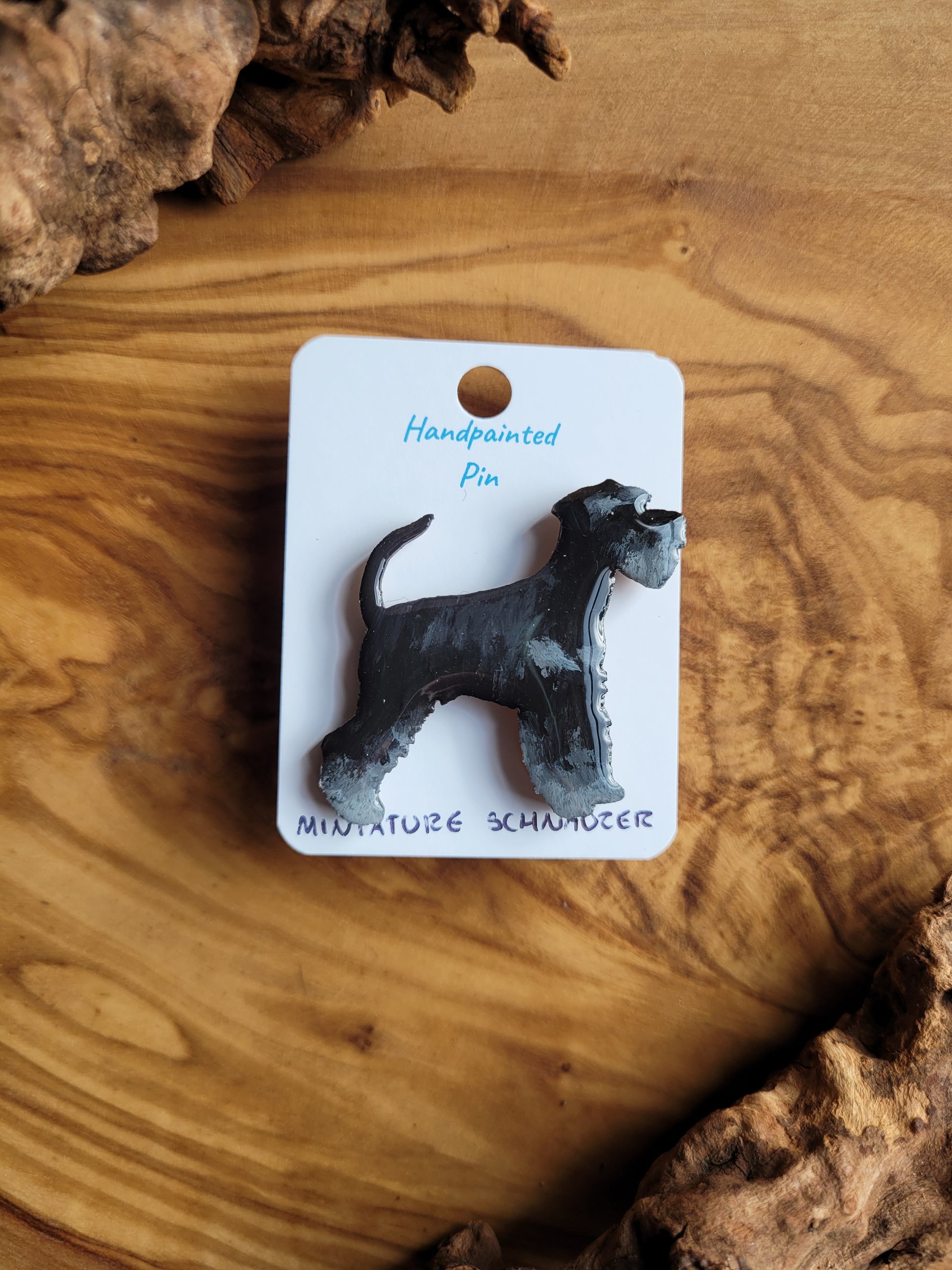 Hand-painted Black and silver coloured Miniature Schnauzer wooden dog pin badge