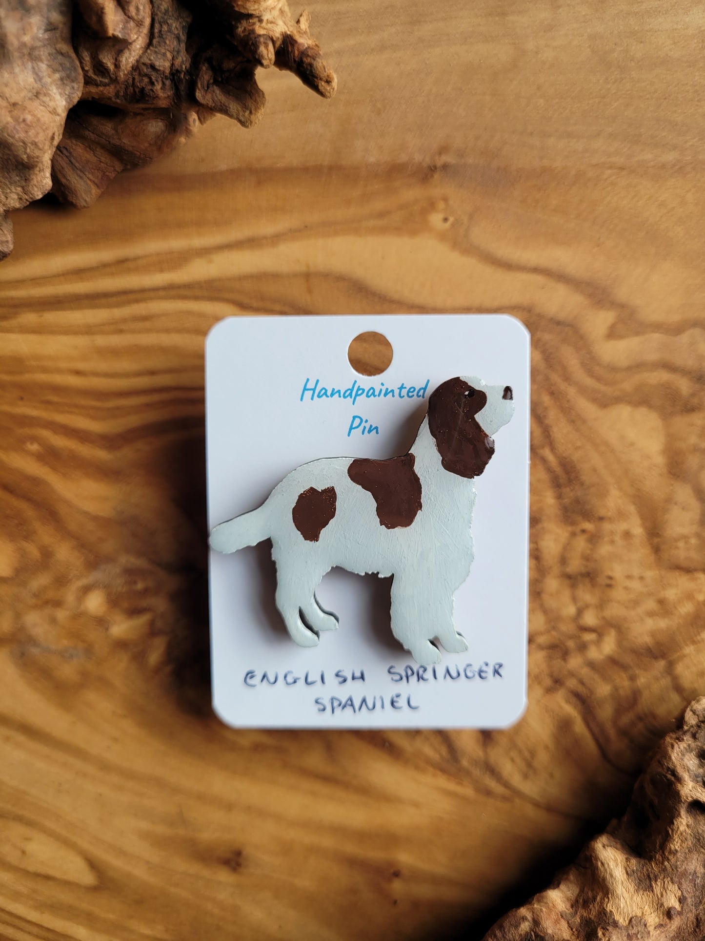 Hand-painted wooden English Springer Spaniel dog pin badge, white and liver spaniel