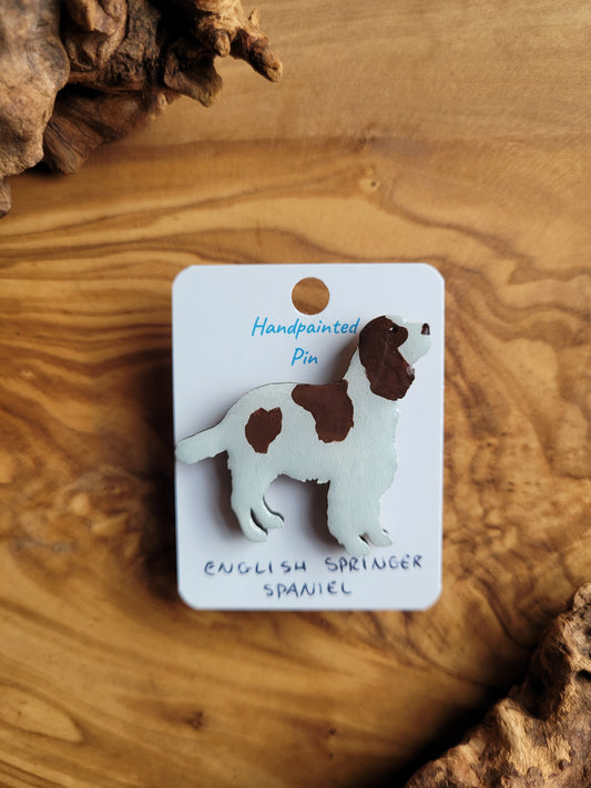 Hand-painted wooden English Springer Spaniel dog pin badge, white and liver spaniel