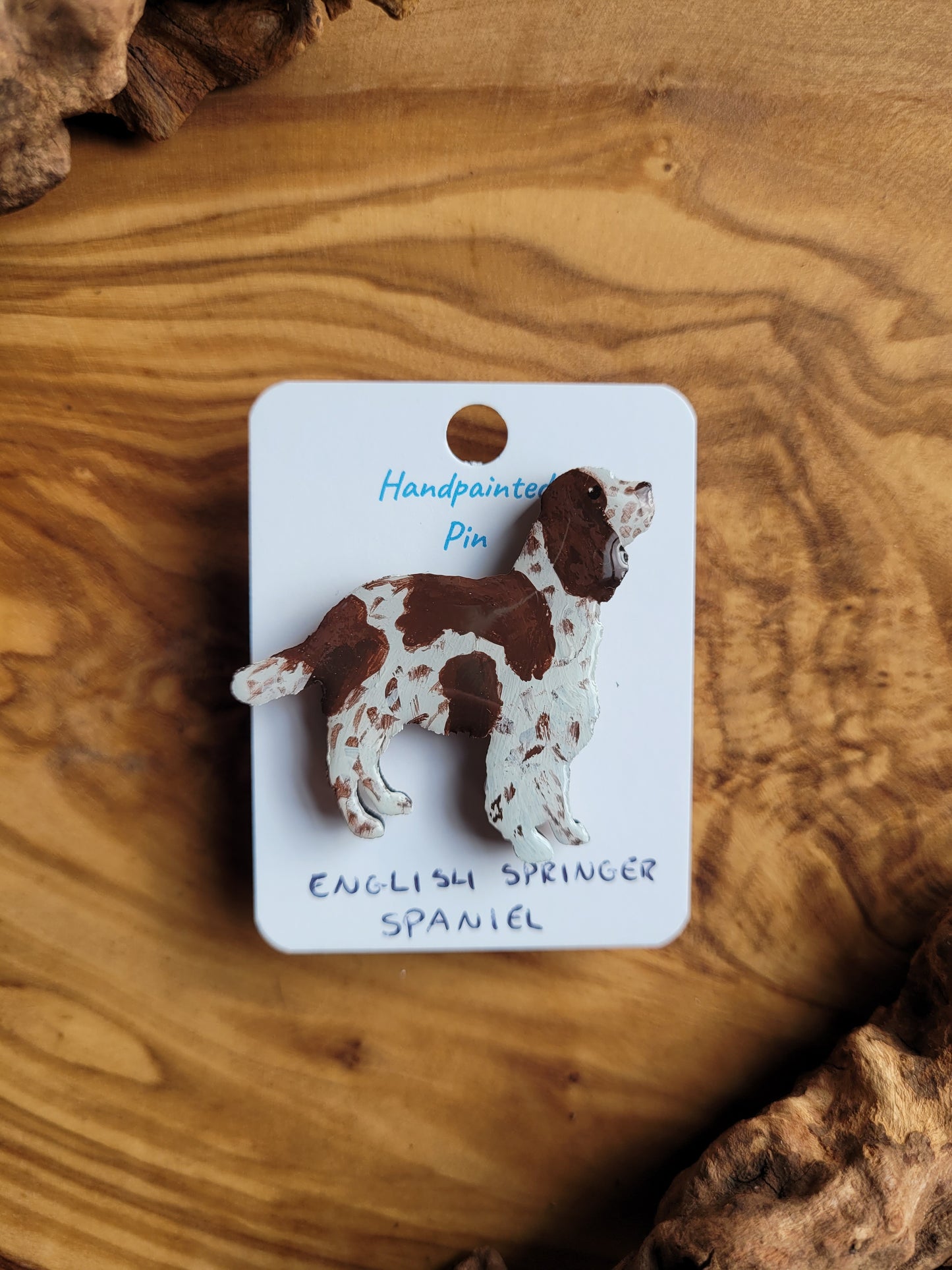 Hand-painted wooden English Springer Spaniel dog pin badge, white and liver speckled spaniel