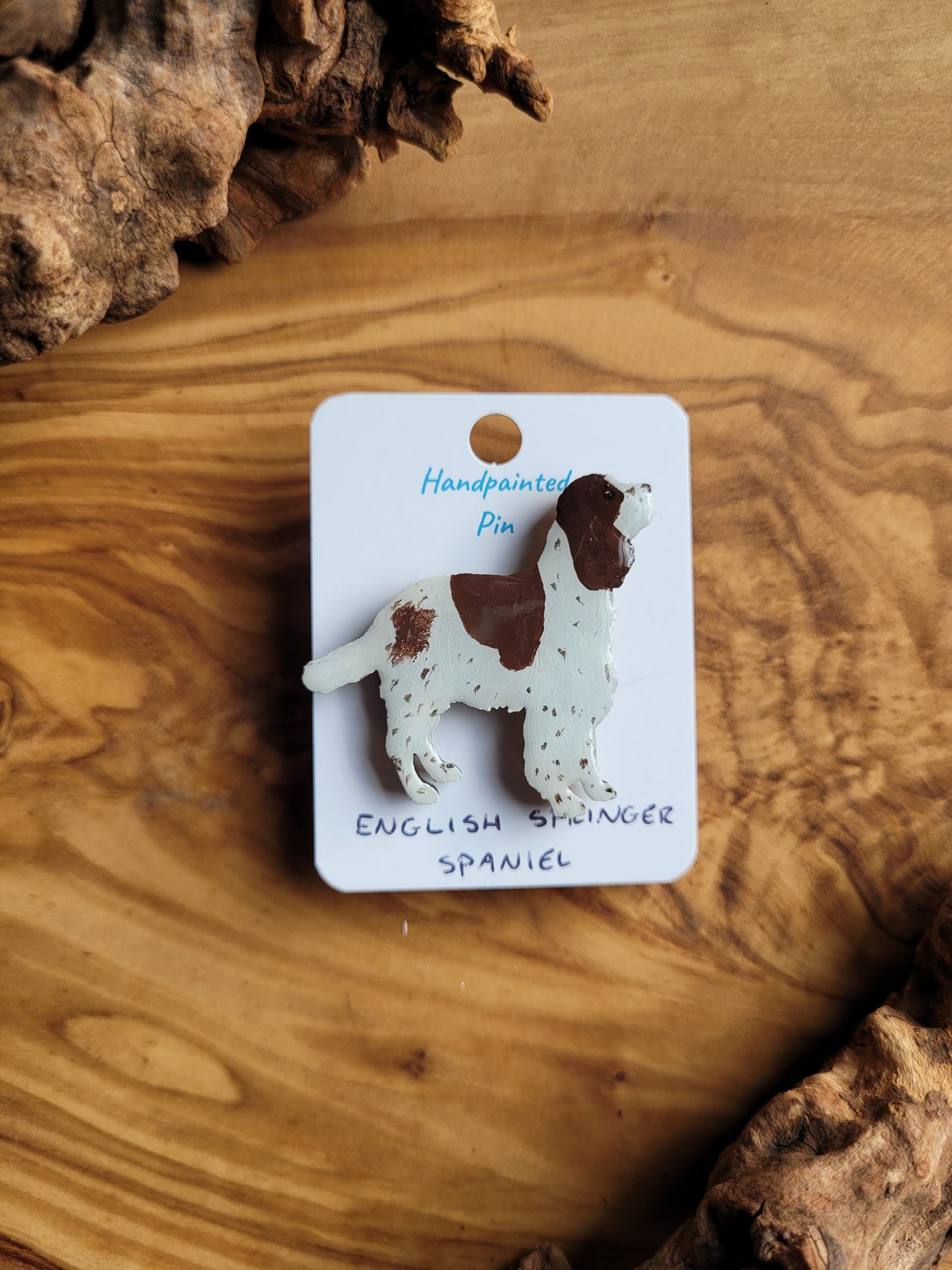 Hand-painted wooden English Springer Spaniel dog pin badge, white and liver speckled spaniel