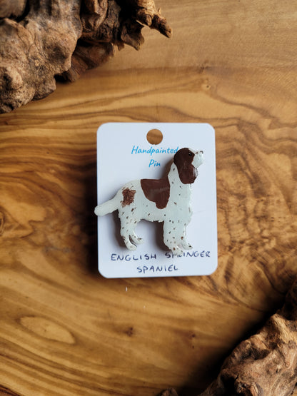 Hand-painted wooden English Springer Spaniel dog pin badge, white and liver speckled spaniel