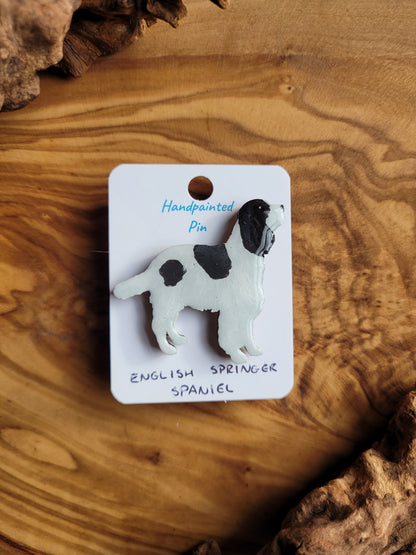 Hand-painted wooden English Springer Spaniel dog pin badge, Black and white spaniel