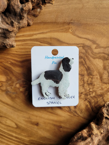 Hand-painted wooden English Springer Spaniel dog pin badge, Black and white patched and speckles spaniel
