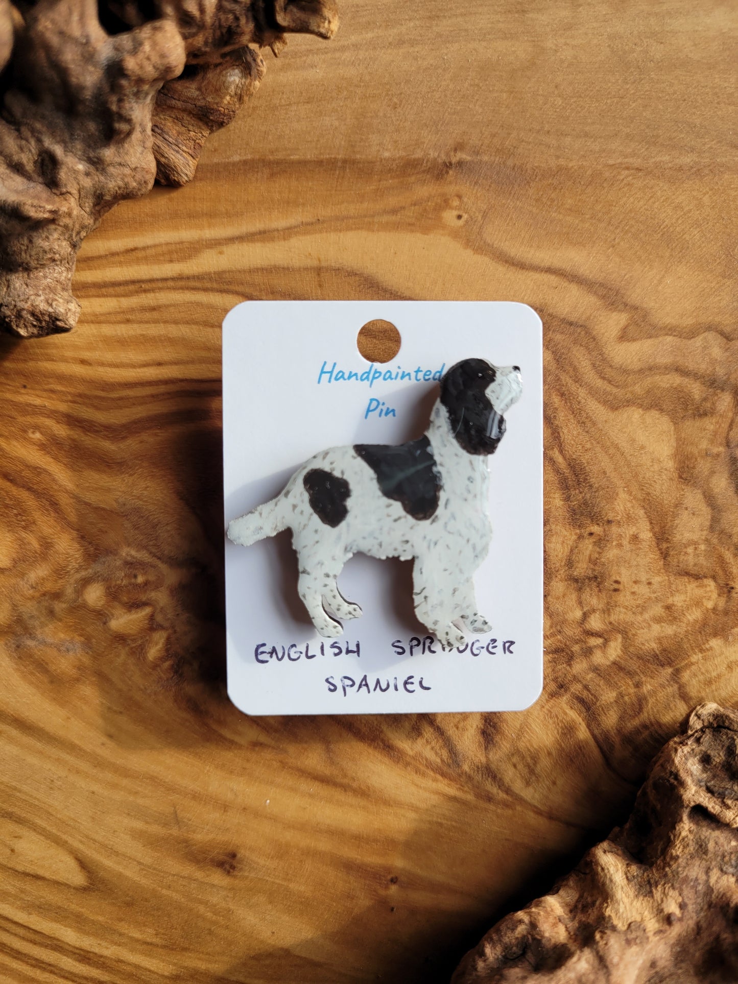 Hand-painted wooden English Springer Spaniel dog pin badge, Black and white patches and speckles spaniel
