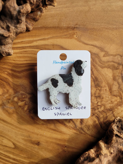 Hand-painted wooden English Springer Spaniel dog pin badge, Black and white patches and speckles spaniel