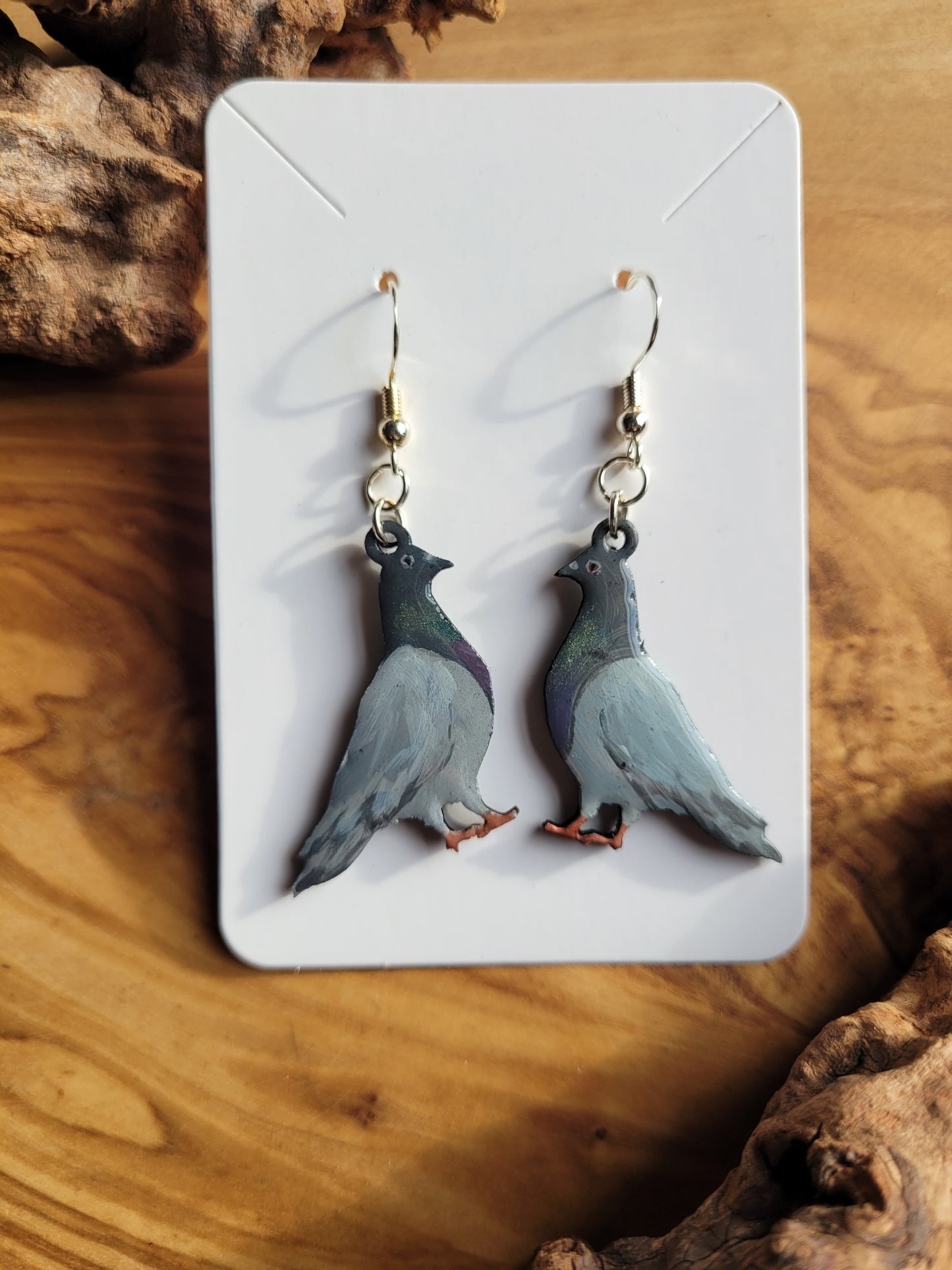 Hand-painted wooden pigeon shaped earrings on stirling silver hardware