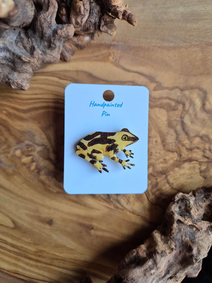 Hand-painted yellow Harlequin frog wooden shaped pin badge