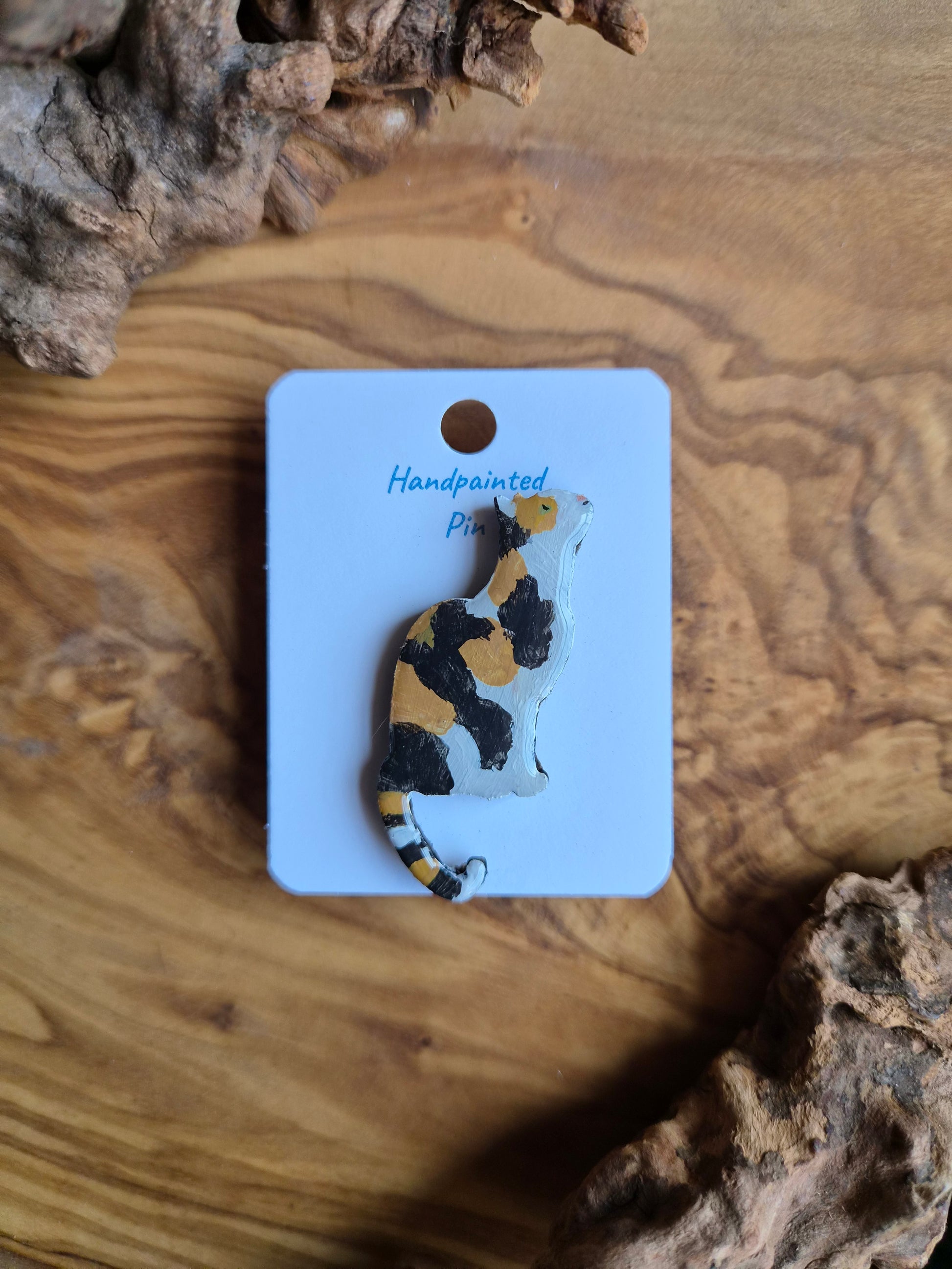 Hand-painted wooden cat pin badge. White dillute Calico cat