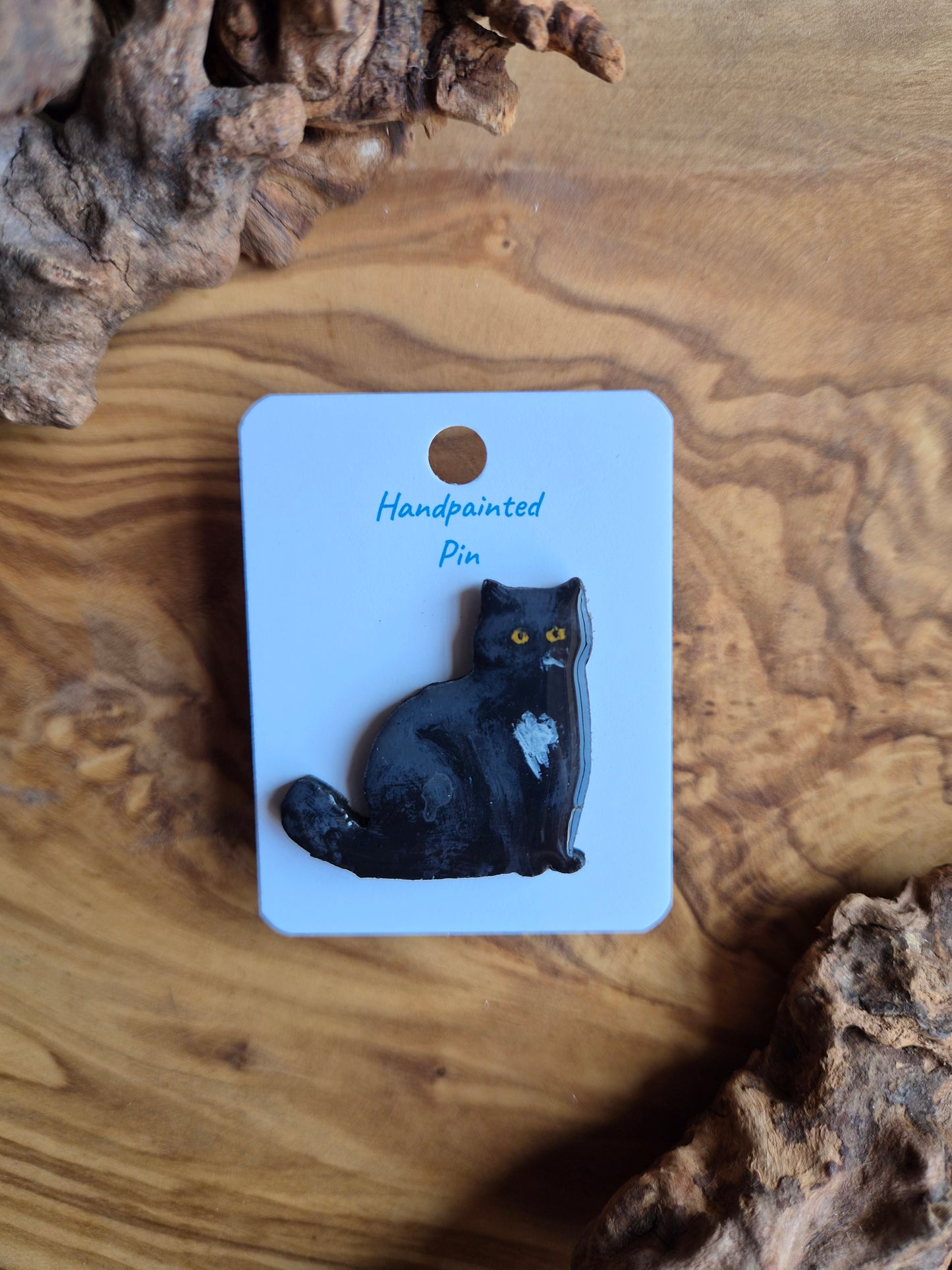 Hand-painted wooden cat pin badge. Black and white tuxedo cat