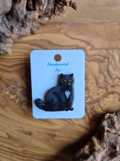 Hand-painted wooden cat pin badge. Black and white tuxedo cat