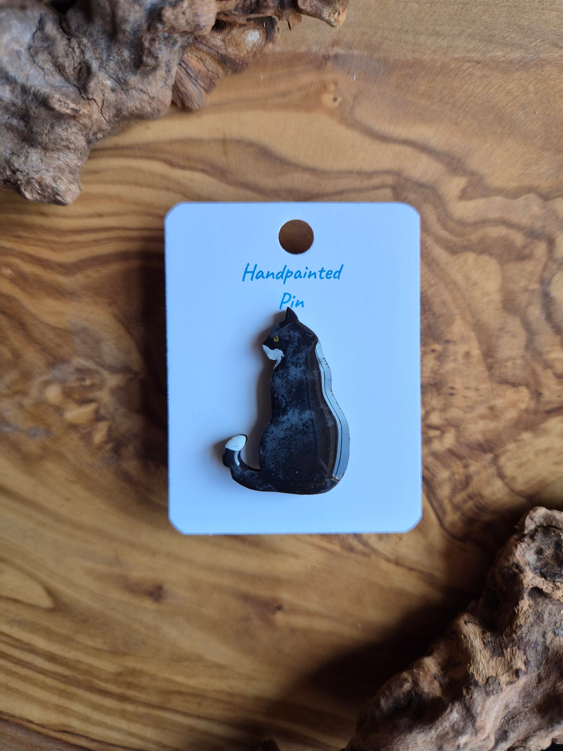 Hand-painted wooden cat pin badge. Black and white tuxedo cat