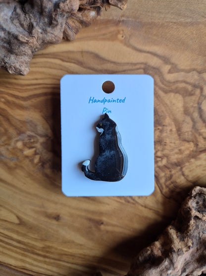 Hand-painted wooden cat pin badge. Black and white tuxedo cat