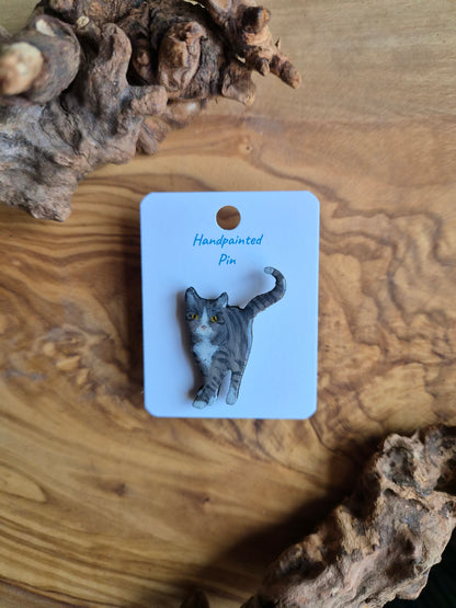 Hand-painted wooden cat pin badge. Tabby and white coloured cat
