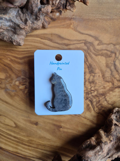 Hand-painted wooden cat pin badge. Tabby coloured cat