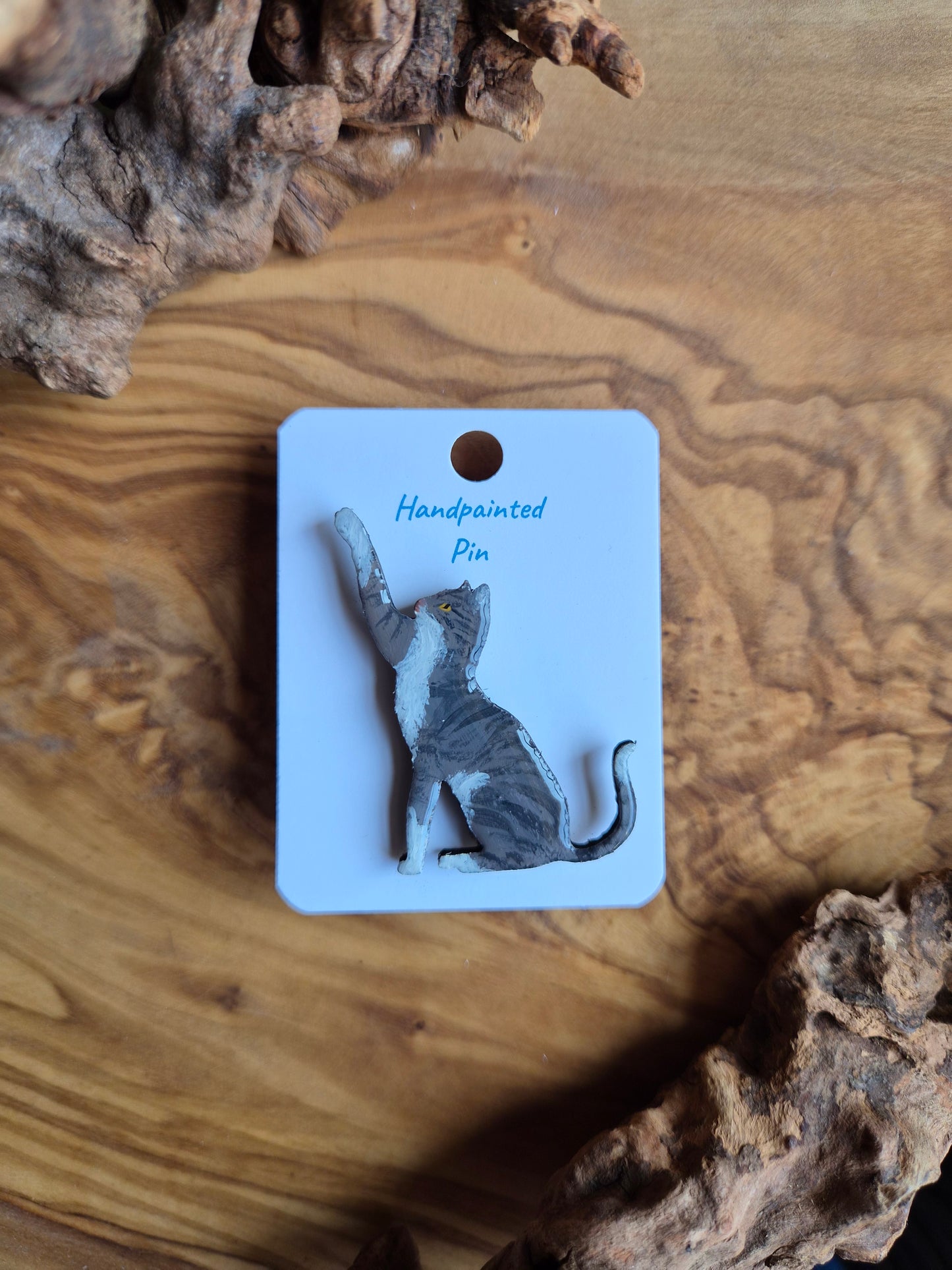 Hand-painted wooden cat pin badge. Tabby and white cat