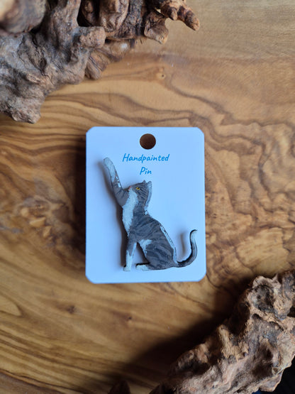 Hand-painted wooden cat pin badge. Tabby and white cat