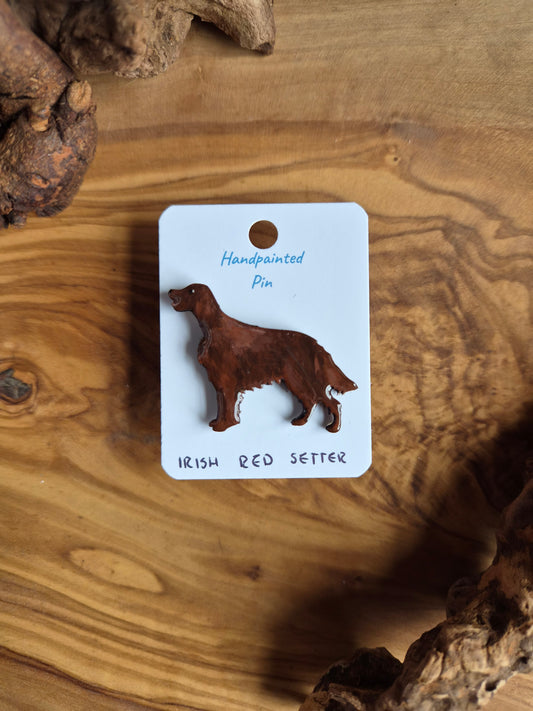 Hand-painted red Irish Setter shaped dog pin badge, painted onto wood.