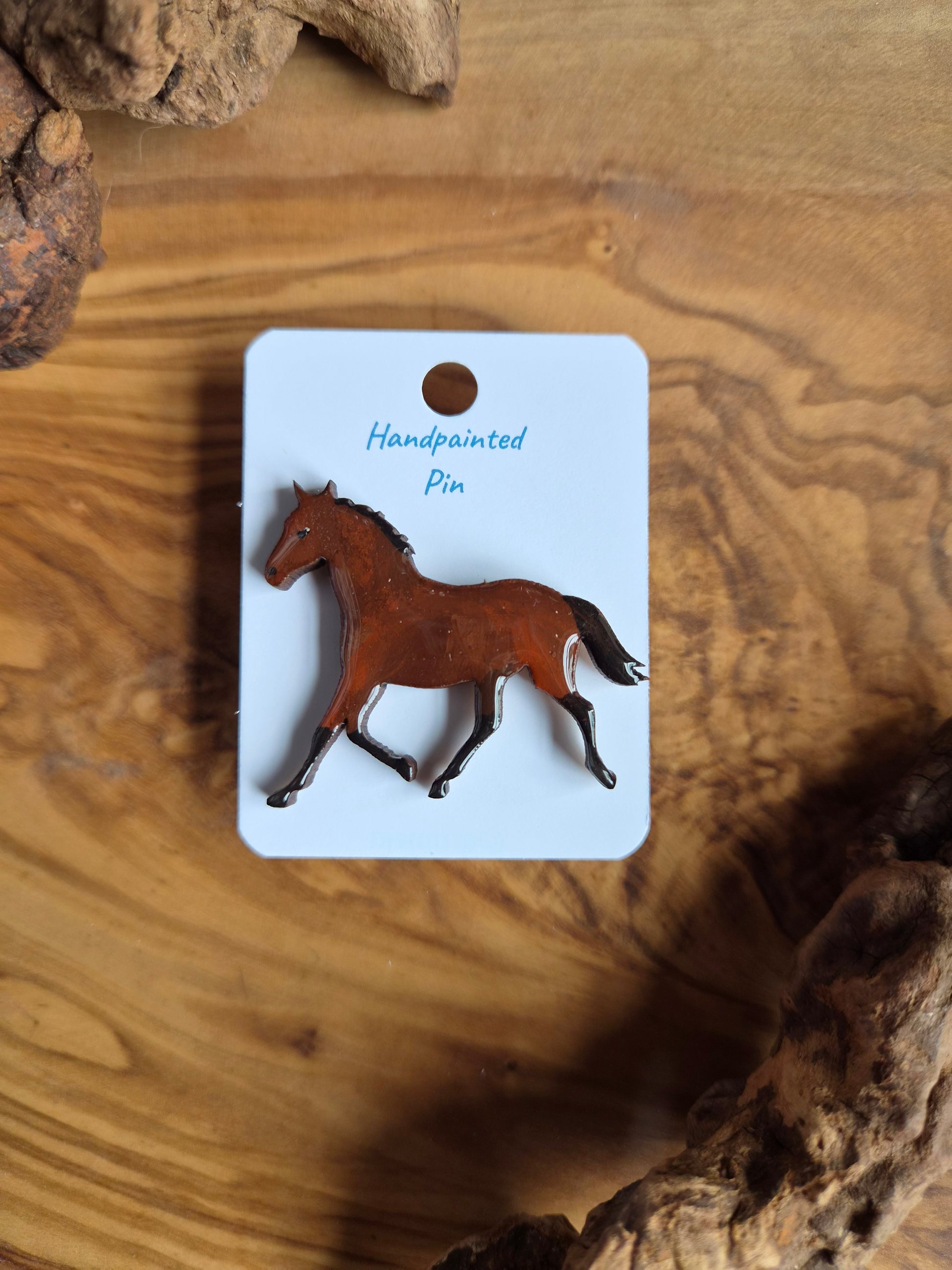 Hand-painted horse shaped wooden pin badge.  cherry bay colour