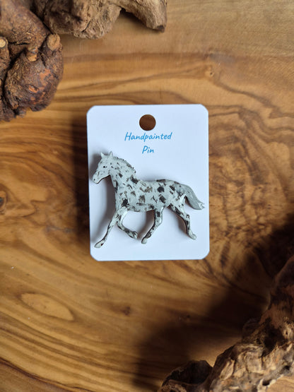 Hand-painted horse shaped wooden pin badge. black and white spotted Apaloosa 