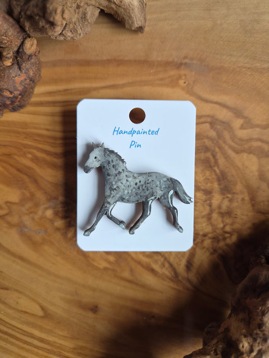 Hand-painted horse shaped wooden pin badge.  Dappled Grey colour