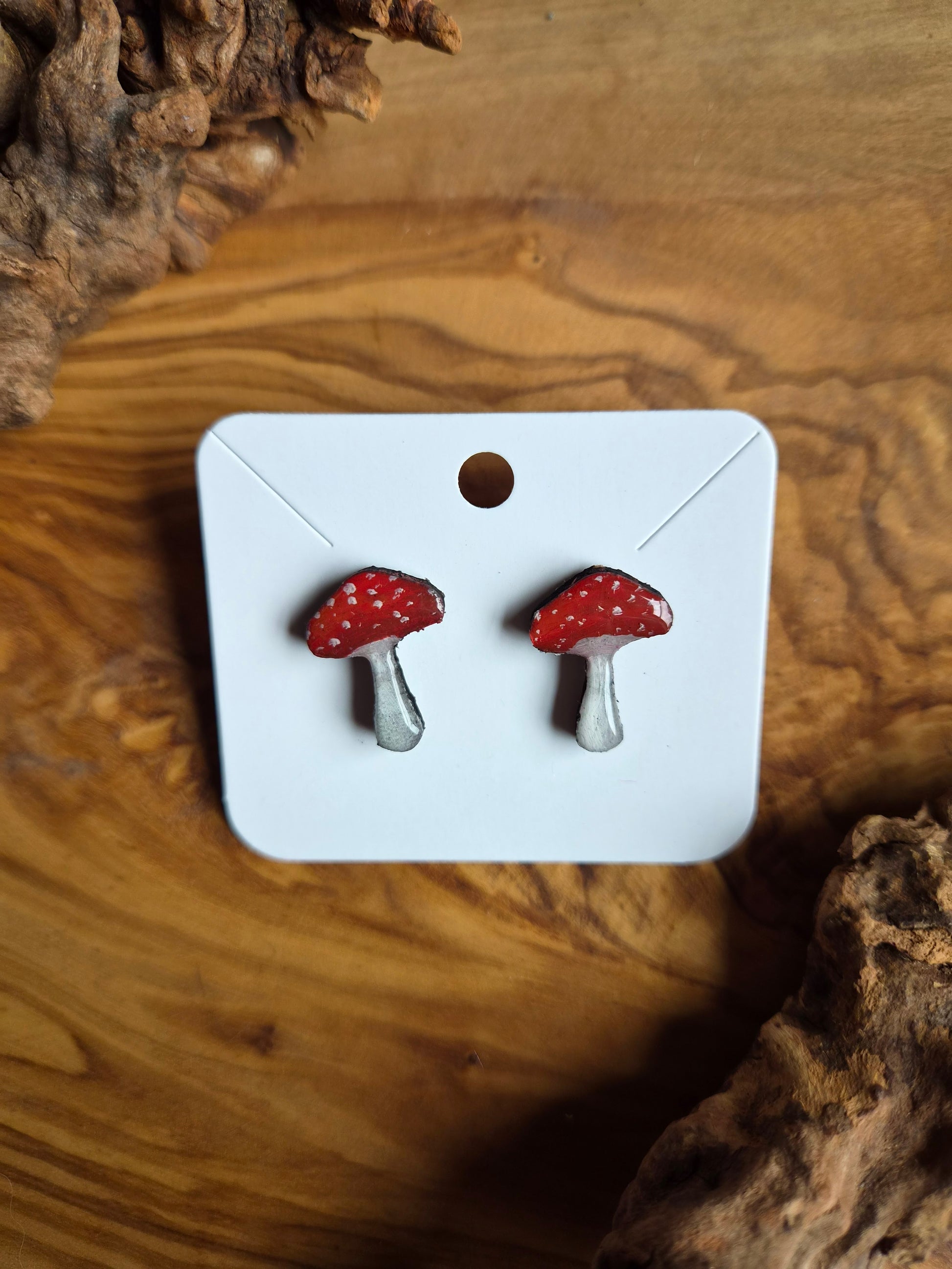 Hand-painted mushroom shaped wooden stud earrings