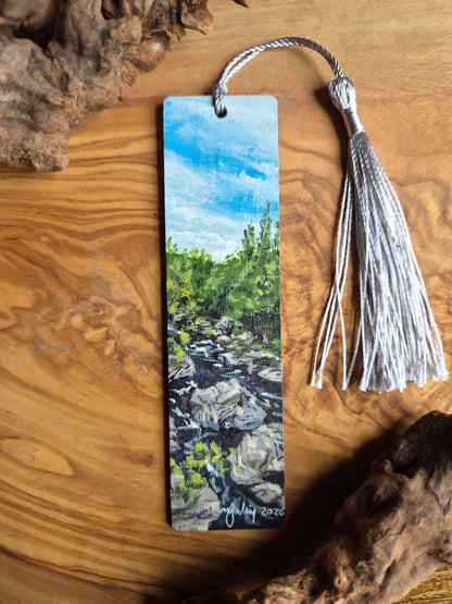 Hand-painted wooden bookmark of the river findhorn at Randolphs leap near Logie