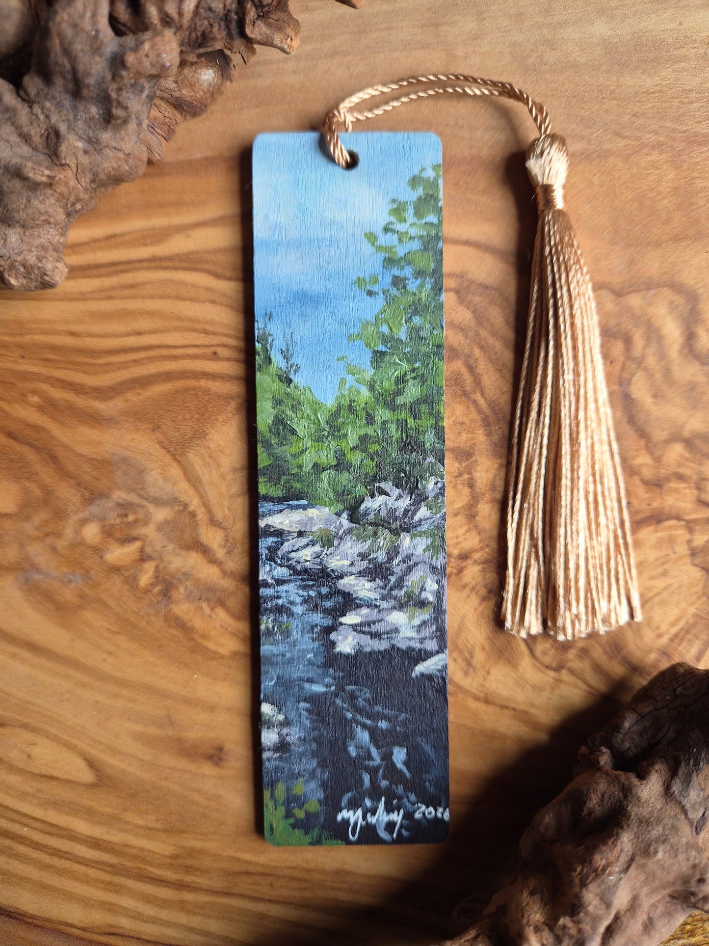Hand-painted wooden bookmark of the river findhorn at Randolphs leap cliffs