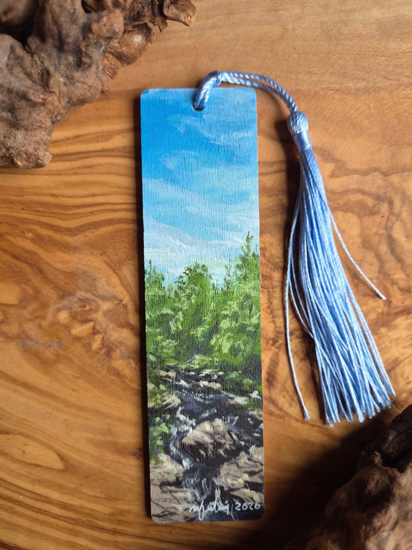 Hand-painted wooden bookmark of the river findhorn at Randolphs leap