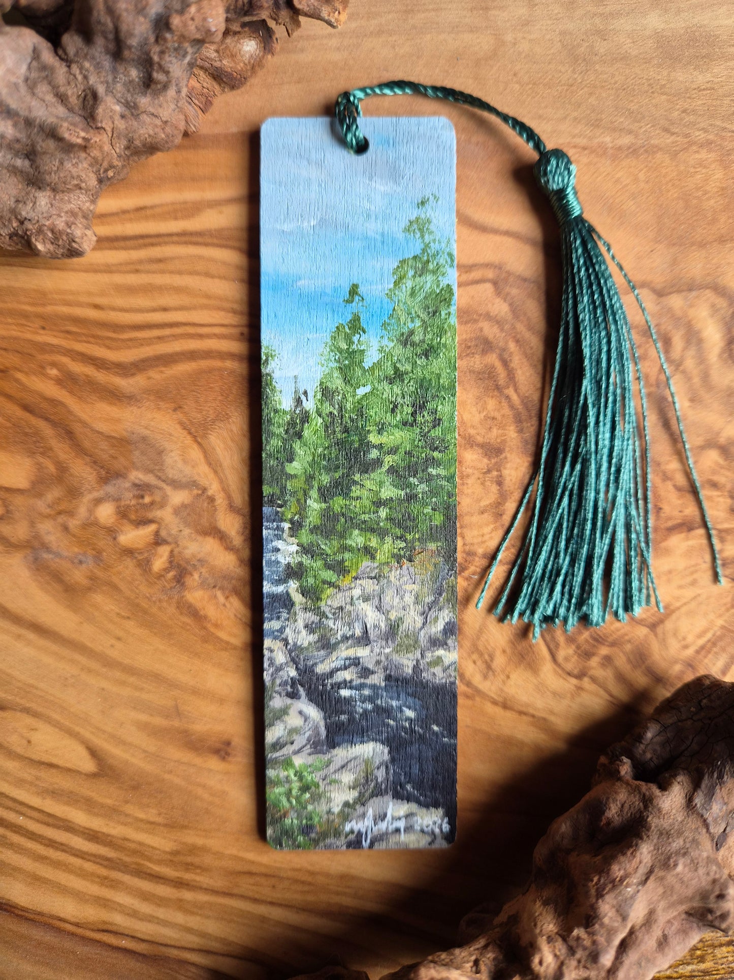 Hand-painted wooden bookmark of the river findhorn at Randolphs leap