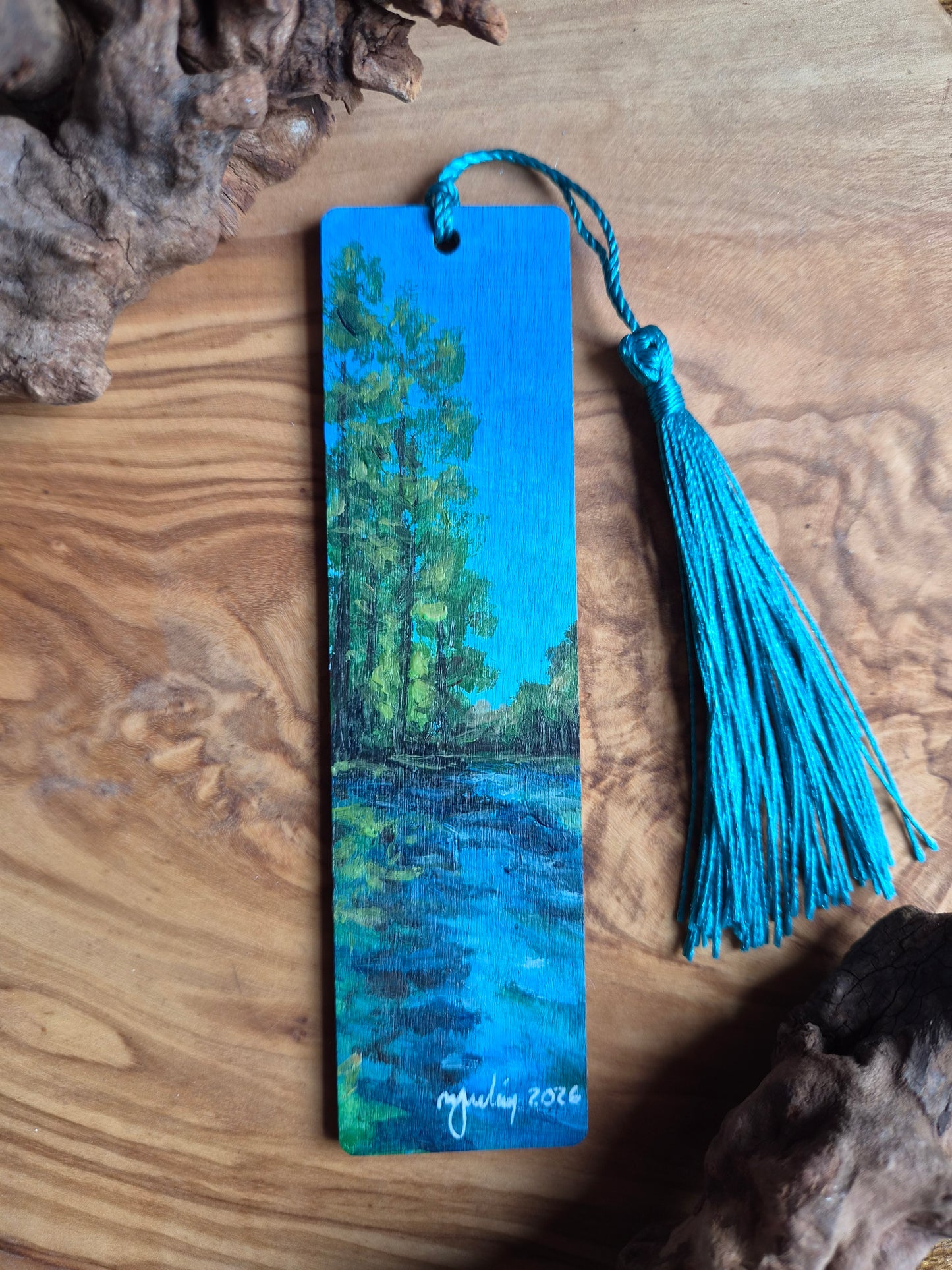Hand-painted wooden bookmark of the natural crystal clear water rock springs at Kelly Park, Florida