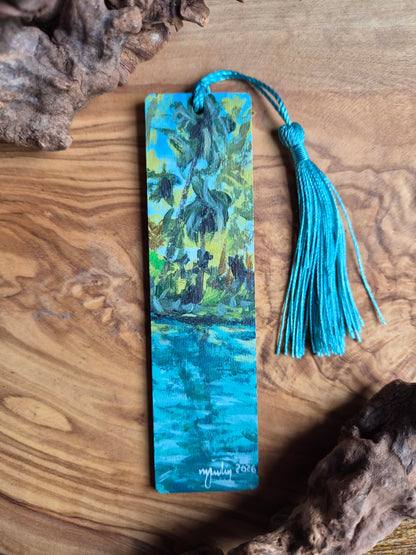 Hand-painted wooden bookmark of the natural vibrantly clear blue water rock springs at Kelly Park, Florida