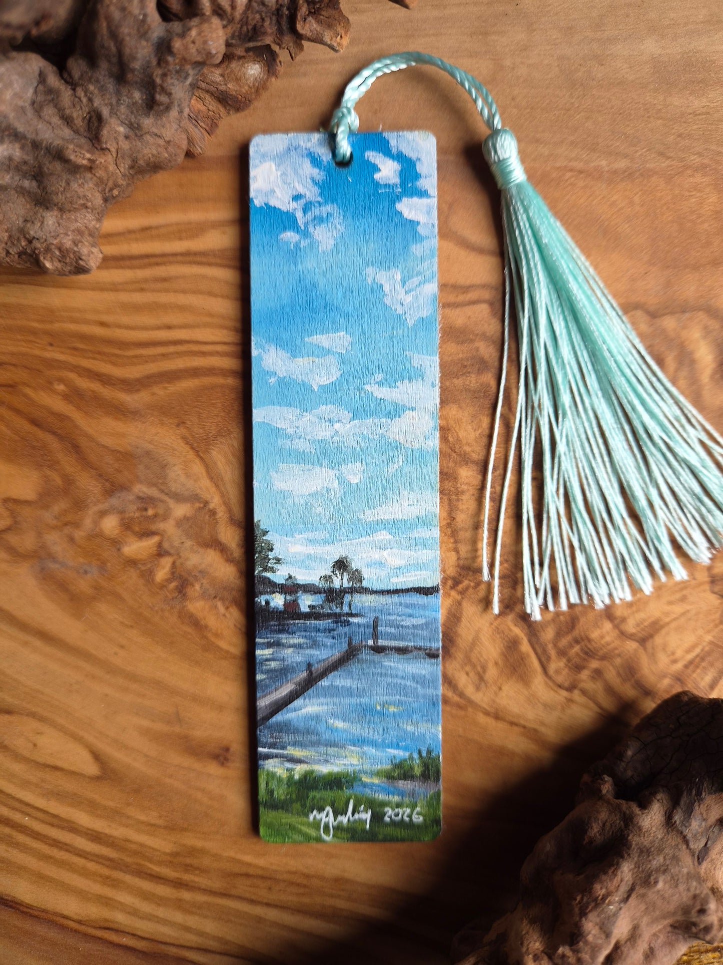 Hand-painted wooden bookmark of Mount Dora's Lighthouse on Lake Dora in Florida