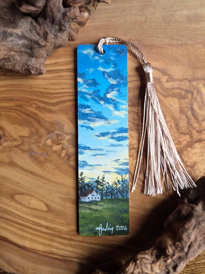 Hand-painted wooden bookmark of an evening sunset at Grant Park, Forres
