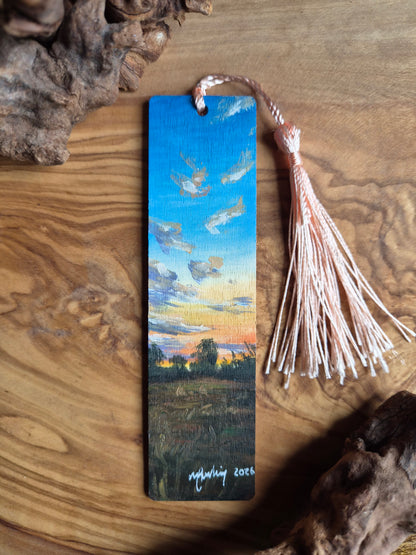 Hand-painted wooden bookmark of glowing golden sunset in a golden field, Scotland