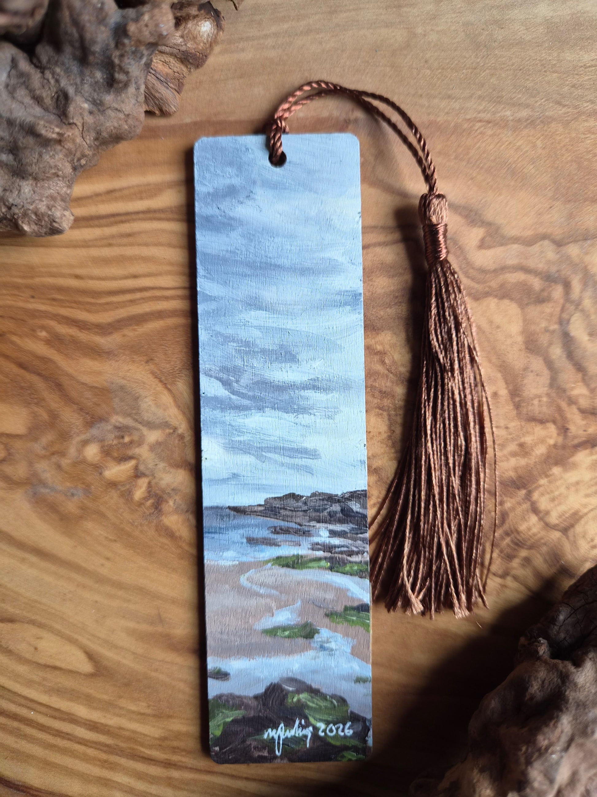 Hand-painted wooden bookmark of Hopeman beach