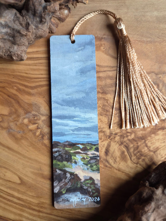 Hand-painted wooden bookmark of Hopeman beach and the rock pools