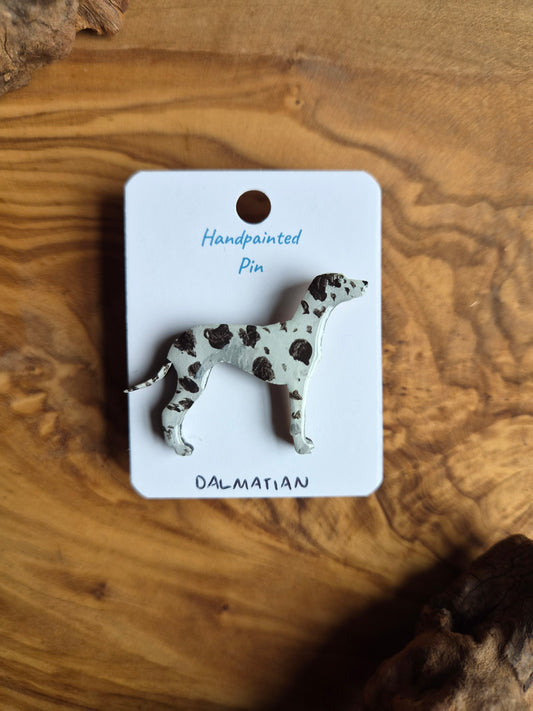Hand-painted wooden black and white dotted Dalmatian pin badge