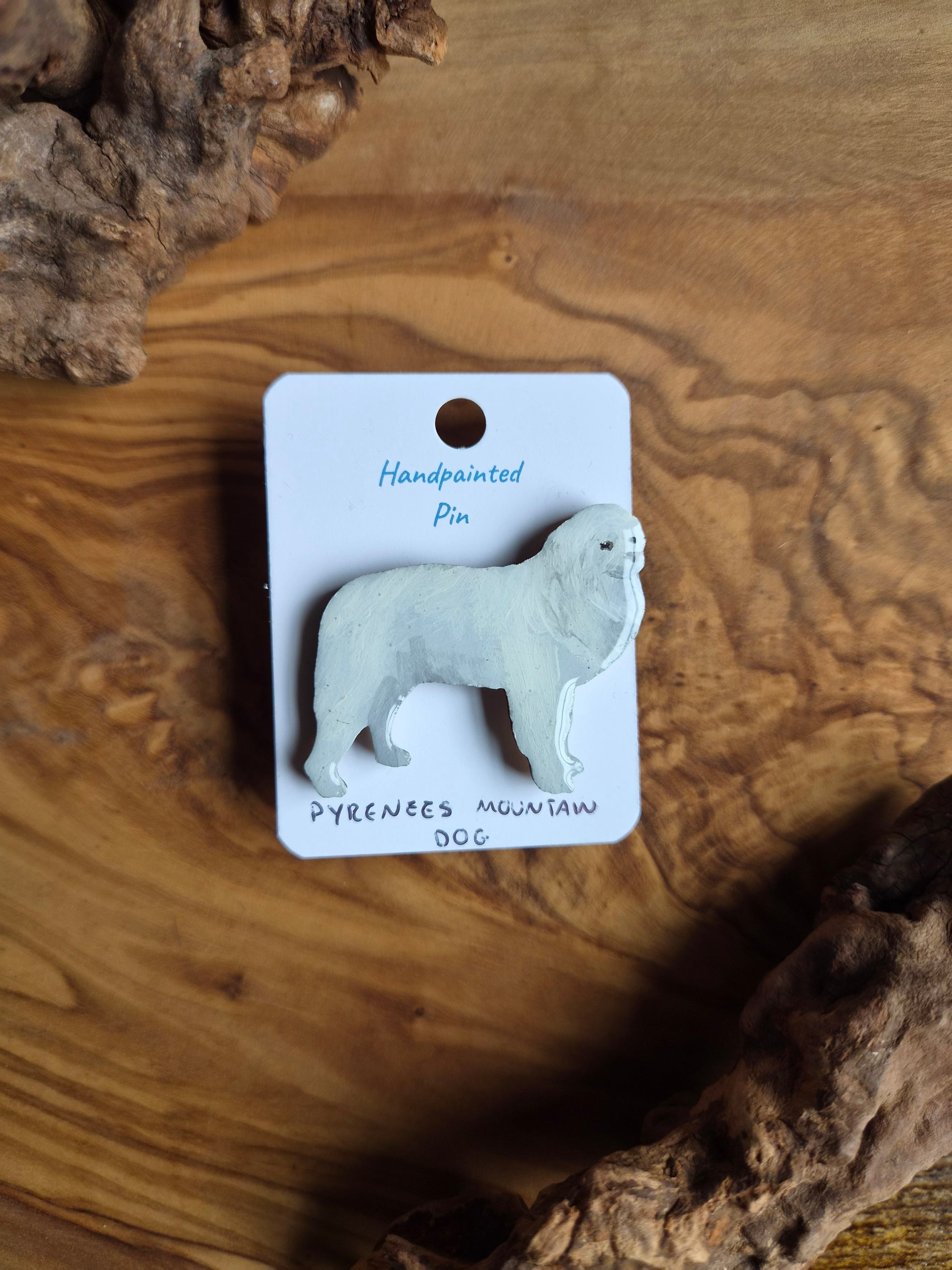 Hand-painted wooden Great White Pyrenees Mountain Dog pin badge