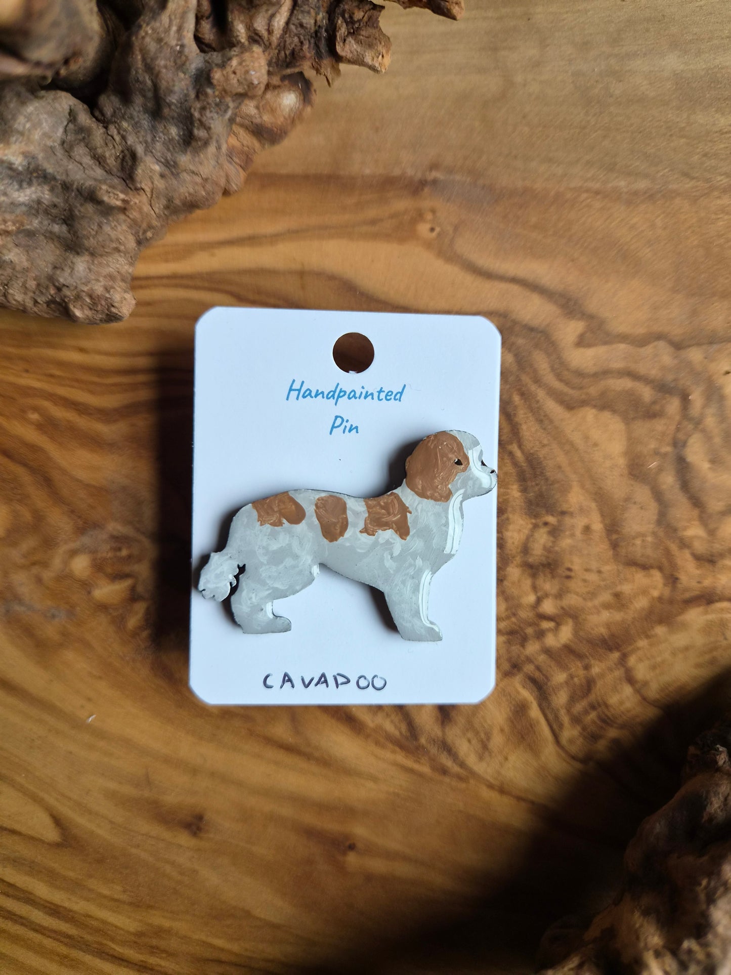 Hand-painted wooden Cavapoo dog pin badge. white Colour with apricot coloured patches