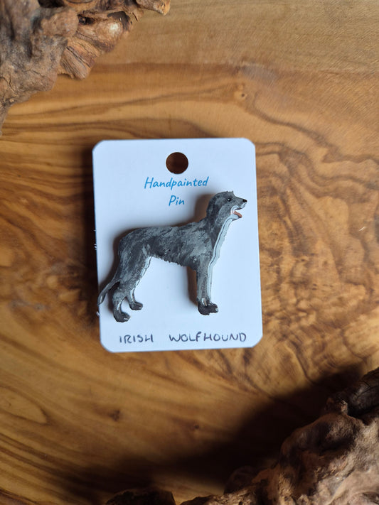 Hand-painted Irish Wolfhound shaped dog pin badge, painted onto wood.