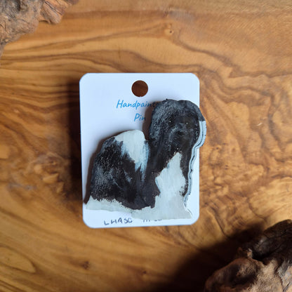 Hand-painted black and white Lhaso Apso wooden dog pin badge.